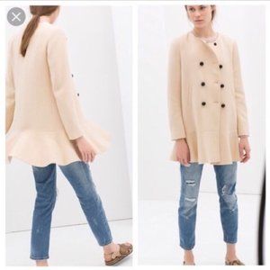 Zara Women Double Breasted Ruffle Bottom Pea Coat Size XS